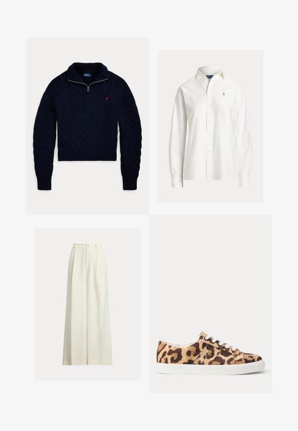 Laivastonsininen palmikkoneulepusero, jossa on puolivetoketjullinen kaulus ja punainen Polo Ralph Lauren -logo rinnassa.; Valkoinen pitkähihainen kauluksellinen nappipaita, jossa vasemmassa rinnassa pieni kirjailtu logo.; Kermanväriset leveälahkeiset housut, valmistettu sileästä kankaasta, joissa korkeavyötärö, kaksi etutaitetta ja yksittäinen nappikiinnitys.; Matalakärkiset tennarit, joissa on leopardi-printtikangas, valkoiset nauhat, valkoinen kumipohja ja pieni kultainen logo sivulla, sivuprofiilissa nähtynä.