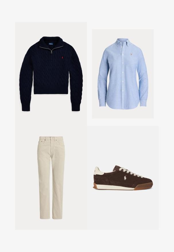 Pull en maille torsadée bleu marine avec col demi-fermeture éclair et logo Polo Ralph Lauren rouge brodé sur la poitrine.; Chemise bleu clair à manches longues avec boutons, col boutonné et petit logo brodé sur la poitrine gauche.; Pantalon en velours côtelé beige droit avec passants de ceinture, bouton à l'avant, fermeture éclair et poches avant.; Baskets en daim marron avec lacets blancs, talon blanc contrastant, semelle en caoutchouc et logo brodé sur le côté. Design classique à tige basse.