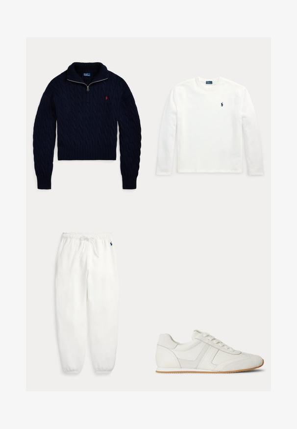 Donkerblauwe kabelgebreide trui met halve ritskraag en rood Polo Ralph Lauren-logo geborduurd op de borst.; Witte longsleeve met ronde hals en klein donkerblauw geborduurd paard- en ruiterlogo op de linkerborst.; Witte fleece joggingbroek met elastische tailleband en boorden, aantrekkoord en klein donkerblauw geborduurd logo op de linkerheup.; Witte lage sneaker met veters aan de voorkant, suède en leren panelen, en een lichtbruine rubberen zool op een witte achtergrond.