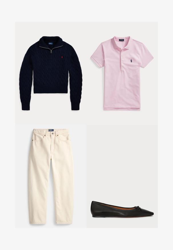 Tumesinine kaabelmustriga kampsun poollukuga kraega ja rinnal punase Polo Ralph Laureni logoga.; Hele roosa lühikeste varrukatega polo särk, millel on neli nööpi ja mereväe sinine tikitud logo vasakul rinnal.; Kreemikas teksariidest sirge säärega püksid, ees taskud ja peene pealõikega detail. Metallist nööp ja tõmblukuga sulgemine.; Musthave mustmugav mustlööv mustpeen mustliist kaumustpunase siluetti mustnot mustlinnti mustmuuta mustlis, ja mustpeen evidenti mustkpöytä mustpuuriinge musttarvik mustpeenust previstos.