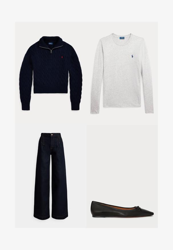 Donkerblauwe kabelgebreide trui met halve ritskraag en rood Polo Ralph Lauren-logo geborduurd op de borst.; Lichtgrijs shirt met lange mouwen, ronde hals en klein marineblauw Polo Ralph Lauren-logo geborduurd op de linkerborst.; Wijde donkere denim jeans met een hoge taille, plooien aan de voorkant, contrasterende oranje stiksels en een knoopsluiting in de taille.; Zwarte leren balletschoenen met een spitse neus, slanke silhouet en een klein strikdetail aan de voorkant. Gladde textuur en minimalistisch ontwerp.