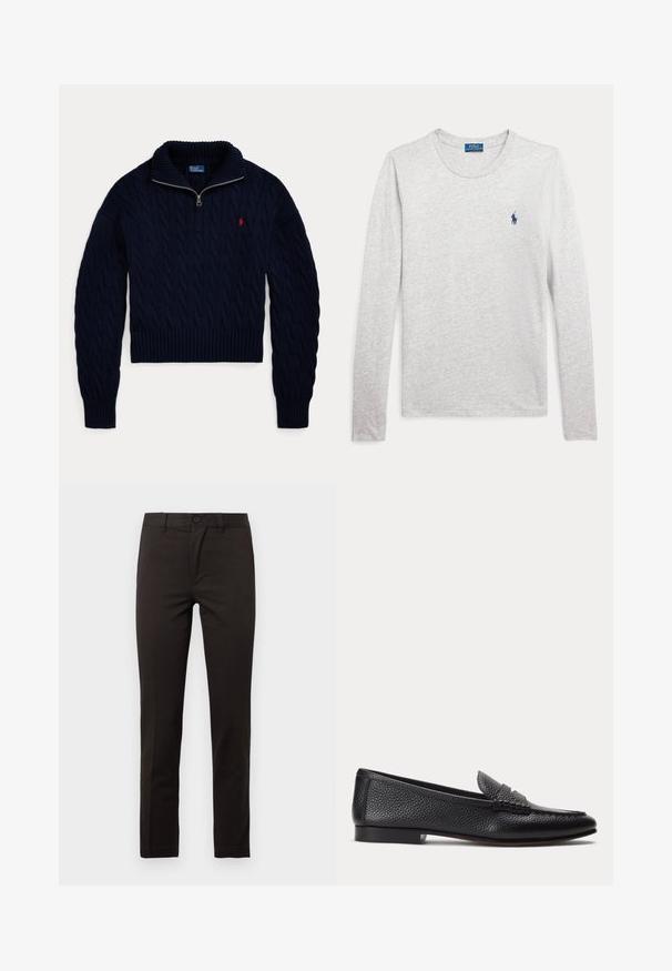 Donkerblauwe kabelgebreide trui met halve ritskraag en rood Polo Ralph Lauren-logo geborduurd op de borst.; Lichtgrijze longsleeve met ronde hals en een blauw Polo Ralph Lauren-logo geborduurd op de linkerborst.; Zwarte, recht gesneden broek gemaakt van een gladde katoenmix; voorzien van een voorste knoop, ritssluiting en twee zijzakken. Strak, minimalistisch ontwerp.; Zwarte, getextureerde leren loafer met lage hak en klassieke pennyband-detail, zijaanzicht op een eenvoudige lichte achtergrond.