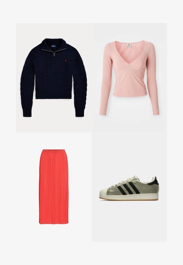 Laivastonsininen palmikkoneulepusero, jossa on puolivetoketjullinen kaulus ja punainen Polo Ralph Lauren -logo rinnassa.; Vaate pitkähihaisia vaaleanpunaisia paita, jossa on syvä V-pääntie, istuva malli ja sileä pinta. Koristeena on hienovaraista ommelta pääntiellä ja helman ympäri.; Korallinpunainen laskostettu midihame, jossa on joustava vyötärö ja suora helma, valmistettu kevyestä kankaasta.; Adidas-tennarit metallinhopeapintaisella päällisellä, jossa on kolme mustaa raitaa, kuminen varvaskuppi ja kumipohja. Klassinen muotoilu, jossa on teksturoitu kangas.