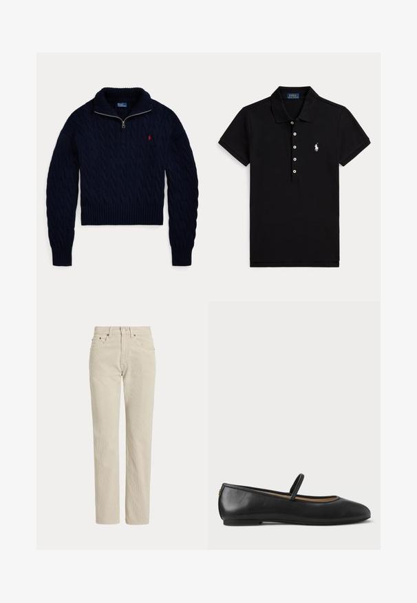 Mørkeblå kabelstrikket sweater med halvlange lynlås-krave og rød Polo Ralph Lauren-logo broderet på brystet.; Sort polo t-shirt med korte ærmer, hvide knapper, en krave og et hvidt broderet Polo Ralph Lauren-logo på venstre bryst.; Beige, lige-benede fløjlsbukser med bæltestropper, frontknap, lynlås og frontlommer.; Sorte læderballetsko med rund tå, en tynd rem over vristen og en flad gummisål. Glat tekstur og minimal detaljer.