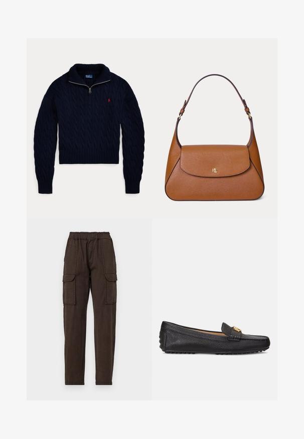 Mørkeblå kabelstrikket sweater med halvlange lynlås-krave og rød Polo Ralph Lauren-logo broderet på brystet.; Brune cargo bukser med elastisk talje, to store frontlommer og et tapered design. Fremstillet af letvægtsstof med en mat tekstur.; Sorte læder loafers med struktureret overflade, hardware i guld tone, flad sål og klassisk design. Velegnet til afslappet brug.; Brun læder skuldertaske med klaplukning og guld "RLL" logo centreret foran.