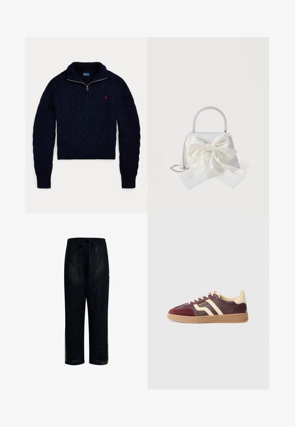 Mørkeblå kabelstrikket sweater med halvlange lynlås-krave og rød Polo Ralph Lauren-logo broderet på brystet.; Sorte meshbukser med snoreliv, der har slidser i siderne og en løs pasform. Fremstillet af åndbart stof, egnet til afslappet brug.; Bordeaux- og cremefarvede lædersneakers med suedepaneler, der har to diagonale striber, en tekstureret gummisål og en rund tådesign.; Hvid håndtaske med perlebesat håndtag, sølvkæde som rem og stor stofsløjfe foran.