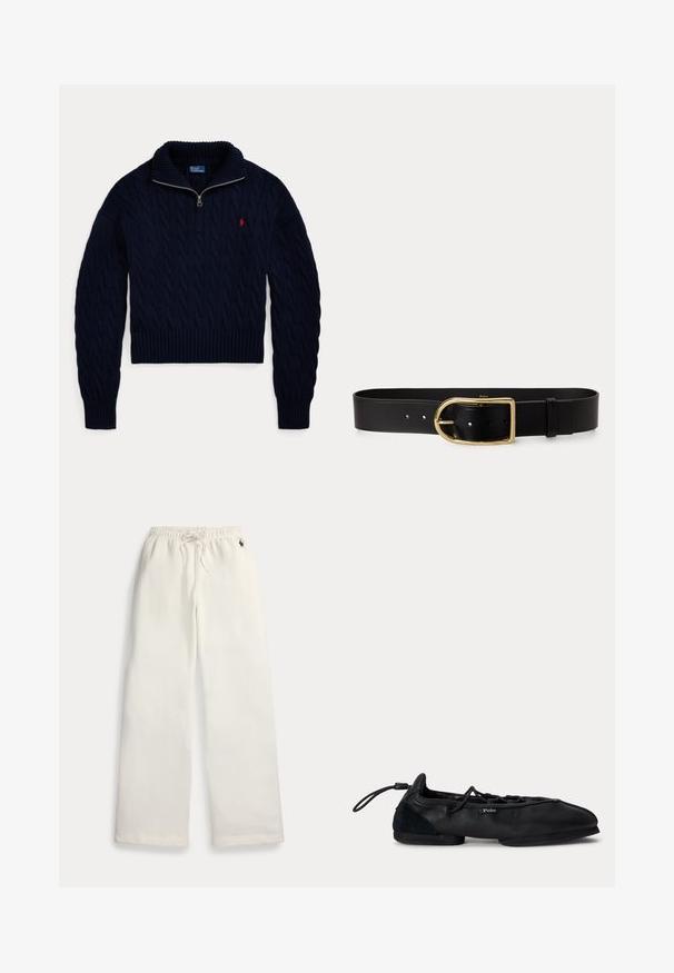 Mørkeblå kabelstrikket sweater med halvlange lynlås-krave og rød Polo Ralph Lauren-logo broderet på brystet.; Hvide sweatpants med brede ben, elastisk talje, snøre, sidelommer og lille mørkeblå logo nær den højre lomme.; Sort læder balletflad med snørebånd, rundet tå, lille hæl og Polo-mærke på siden.; Sort læderbælte med stor guldfarvet rektangulær spænde og flere justeringshuller, lagt fladt på en hvid baggrund.