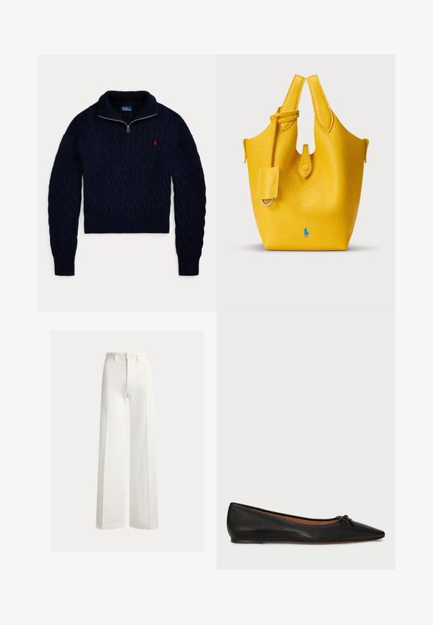 Mørkeblå kabelstrikket sweater med halvlange lynlås-krave og rød Polo Ralph Lauren-logo broderet på brystet.; Højttaljede hvide vidde bukser med bæltestropper og frontknaplukning, vist mod en ensfarvet baggrund.; Sorte læderballetflade med spids tå, slank silhuet og en lille sløjfedetalje på forsiden. Glat tekstur og minimalistisk design.; Gul lædertaske med tekstureret finish, der har en lukning, en aftagelig mærkat og en blå logoaccent på forsiden.