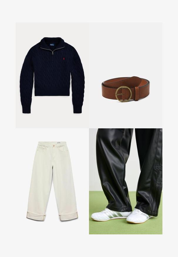 Mørkeblå kabelstrikket sweater med halvlange lynlås-krave og rød Polo Ralph Lauren-logo broderet på brystet.; Bredbenede cremefarvede denimjeans med opsmøgede kanter, forlommer, bæltestropper og knaplukning i taljen.; Sorte faux leather bukser med en løs pasform, der har en glat overflade og sidelister. Sammen med hvide sneakers med sølvdetaljer.; Brun læderbælte med en rund messingspænde, der har en glat overflade og kontrasterende syninger langs kanterne.