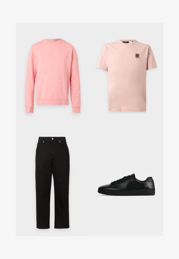 Sweatshirt rose clair à manches longues avec encolure ronde et motifs subtils de petits cœurs en relief dispersés sur le tissu.; T-shirt uni rose clair à manches courtes avec col rond et petit patch logo noir sur la partie supérieure gauche de la poitrine.; Pantalon en denim noir avec une coupe droite, présentant une taille haute, des poches frontales et des garnitures en métal argenté au niveau de la ceinture.; Basket basse en cuir noir avec lacets noirs et semelle épaisse noire, vue de profil sur fond gris clair.
