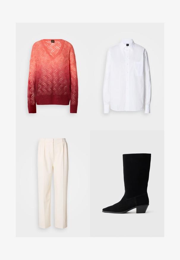 Pull en tricot gradient rose avec un col en V, présentant un motif géométrique, des manches longues et une finition texturée à l'ourlet et aux poignets.; Chemise blanche à boutons, en coton, avec un col classique, des manches longues, une poche poitrine et une texture lisse et structurée.; Lacoste Pantalon classique - lapland; Bottine en daim noir avec un bout pointu, tige de hauteur moyenne et un talon épais. Présente des coutures minimales et une texture lisse.