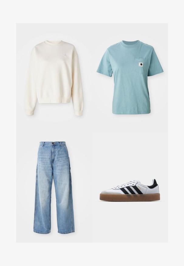 Sudadera de color crema fabricada con un tejido suave, con cuello redondo, puños acanalados y un pequeño logo tonal en el lado izquierdo del pecho.; Camiseta de algodón de manga corta color azul claro con bolsillo en el pecho que presenta un pequeño parche del logotipo en blanco y negro de Carhartt.; Jeans de pierna ancha en color azul claro con una cintura alta, que cuentan con bolsillos laterales y una textura desgastada, confeccionados en material de mezclilla.; Zapatillas de cuero blancas con rayas negras, suela de goma, puntera redonda, cierre de cordones y caperuza de ante gris suave.