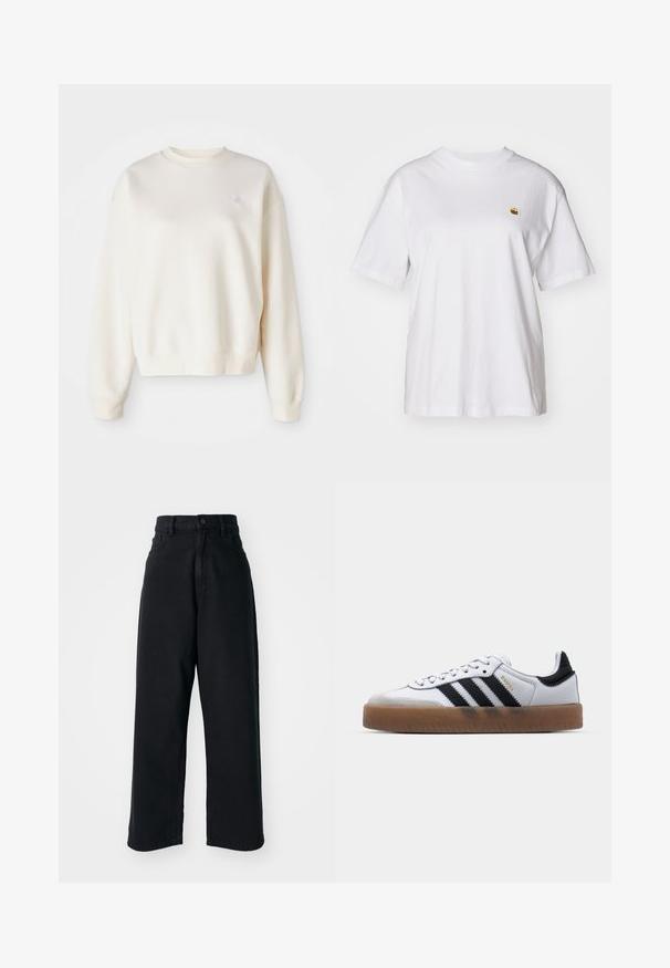 Cremefarbener Pullover aus weichem Stoff, mit rundem Halsausschnitt, gerippten Bündchen und einem kleinen, tonalen Logo auf der linken Brust.; Weißes Baumwoll-T-Shirt mit lockerem Schnitt, kurzen Ärmeln und einem kleinen gestickten Logo auf der linken Brustseite.; Schwarze hoch sitzende weite Jeans mit frontalen Taschen und Knopfverschluss, vor einem schlichten weißen Hintergrund präsentiert.; Weiße Leder Sneakers mit schwarzen Streifen, Gummigummi-Außensohle, runder Zehenform, Schnürverschluss und weichem grauem Wildleder-Zehenkappe.