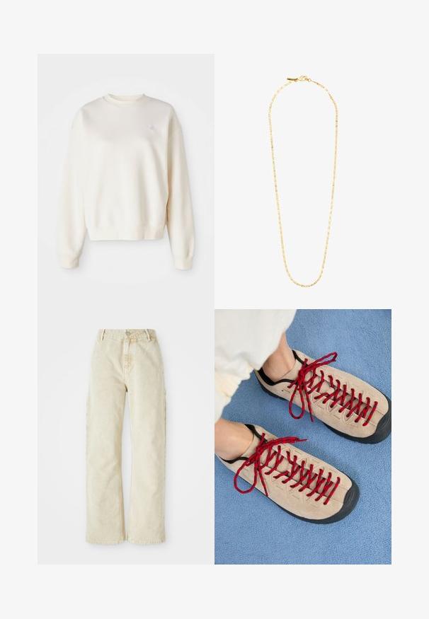 Cremefarbener Pullover aus weichem Stoff, mit rundem Halsausschnitt, gerippten Bündchen und einem kleinen, tonalen Logo auf der linken Brust.; Beige weite Denim-Hosen mit hoher Taille, ausgestattet mit einem vorderen Knopf- und Reißverschluss, Gürtel-Schlaufen und Seitentaschen. Weiche Textur.; Beige Schuhe mit roten Schnürsenkeln, die auf einer blauen strukturierten Fläche positioniert sind und teilweise ein Fußgelenk einer Person zeigen. Die Schuhe haben ein sportliches Design.; Halskette in Goldfarbe mit einer zarten, langen Kette aus rechteckigen Gliedern, die einen subtilen Glanz und einen sicheren Verschluss bietet.