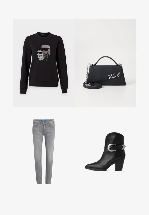 Schwarzer Sweatshirt mit einem Strassmotiv eines Charakters und einer Katze, die beide Sonnenbrillen tragen. Klassischer Rundhalsausschnitt, gerippte Bündchen und Saum.; Graue Denim-Jeans mit schmaler Passform, fünf Taschen, einer vorderen Knopfleiste und subtilen Verwaschungen. Glatte Textur, klassisches Design.; Schwarze Leder-Stiefelette mit spitzer Zehe, klobigem Absatz und einem breiten Riemen mit einer kreisförmigen silbernen Schnalle an der Seite. Glatte Textur.; Schwarze Leder-Handtasche mit dreieckiger Form, silbernem "Karl"-Logo-Detail und abnehmbaren Kettenriemen. Glatte Textur und strukturiertes Design.