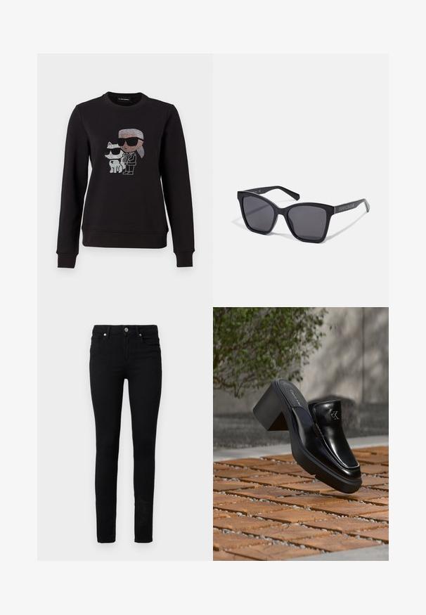 Zwarte sweatshirt met een rhinestone graphic van een karakter en een kat, beide met een zonnebril. Klassieke ronde hals, ribgebreide manchetten en onderrand.; Zwarte skinny jeans van denim, met een knoop- en ritssluiting aan de voorkant, vijf zakken en een gladde textuur.; Zwarte leren Calvin Klein slip-on mule met blokhak rustend op houten tegels buiten, vlak bij een groene plant en een grijze muur.; Zwarte rechthoekige zonnebril met donkere lenzen en glanzende montuur. Voorzien van zilveren branding aan de zijkant. Vierkante vorm met stevige pootjes.