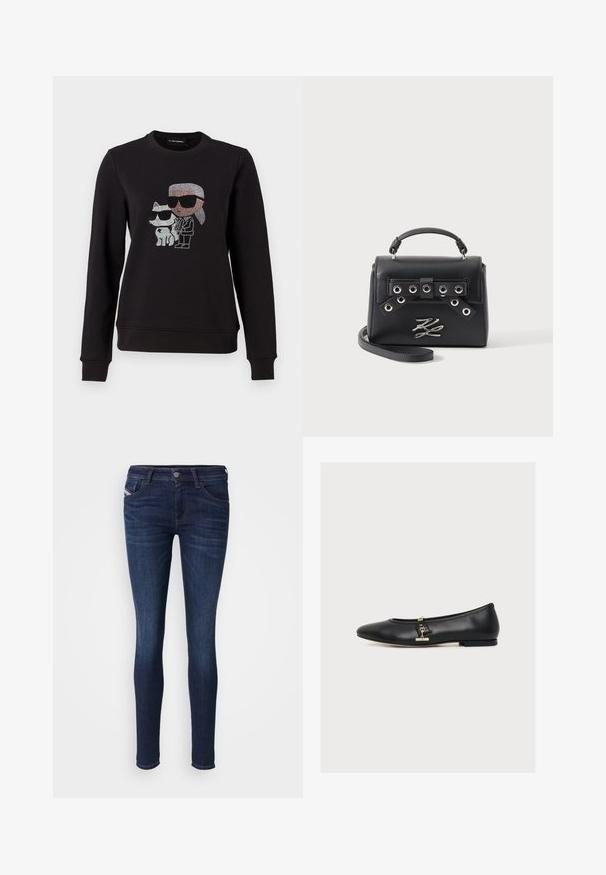 Schwarzer Sweatshirt mit einem Strassmotiv eines Charakters und einer Katze, die beide Sonnenbrillen tragen. Klassischer Rundhalsausschnitt, gerippte Bündchen und Saum.; Diesel 2020 SLANDY LOW - Jeans Skinny Fit - medium used; Schwarze Leder-Ballerina mit einer kleinen goldenen Schnalle an der Seite, niedrigem Absatz und abgerundeter Spitze, im Profil auf weißem Hintergrund dargestellt.; Schwarze Lederhandtasche mit Griff oben, Metallösen-Detail am Riemen, silbernem metallischem Logo-Emblem und abnehmbarem Schulterriemen auf weißem Hintergrund.