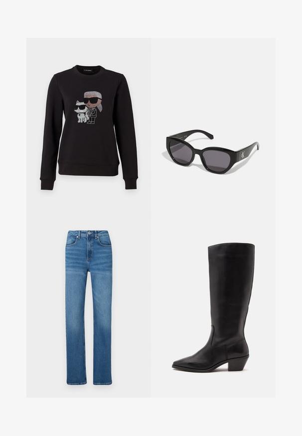 Schwarzer Sweatshirt mit einem Strassmotiv eines Charakters und einer Katze, die beide Sonnenbrillen tragen. Klassischer Rundhalsausschnitt, gerippte Bündchen und Saum.; Blaue Jeans aus Denim mit geradem Schnitt, ausgestattet mit einem Knopf- und Reißverschluss, fünf Taschen und dezentem Verblassen entlang der Beine.; Schwarzer Lederstiefel bis zur Wade mit spitzer Spitze und niedrigem schrägem Absatz vor einfachem hellem Hintergrund.; Schwarze Sonnenbrille mit einem schlanken, kantigen Design, dunklen Gläsern und einem kontrastierenden silbernen Logo an der Seite. Glatte Kunststoffoberfläche.