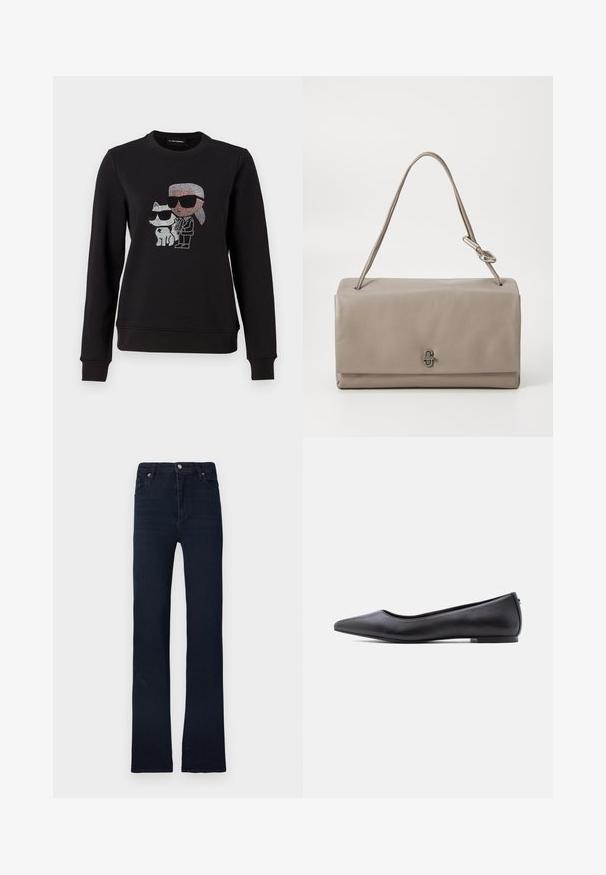 Schwarzer Sweatshirt mit einem Strassmotiv eines Charakters und einer Katze, die beide Sonnenbrillen tragen. Klassischer Rundhalsausschnitt, gerippte Bündchen und Saum.; Marineblaue, gerade geschnittene Jeans aus Denim. Mit Knopf- und Reißverschluss, Gürtelschlaufen und vier Taschen. Glatte Textur.; Schwarzer flacher Lederschuh mit spitzer Kappe und niedrigem Absatz, seitlich vor weißem Hintergrund gezeigt.; Graue Lederhandtasche mit rechteckiger Form, einem einzelnen Schulterriemen und einem silbernen Verschlussdetail an der Vorderseite. Glatte Textur mit minimalistischen Akzenten.