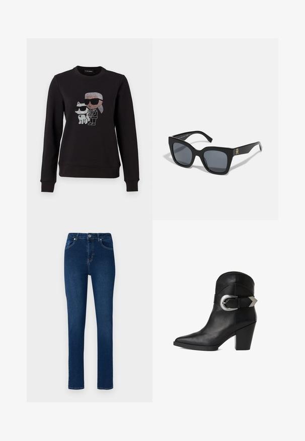 Sort sweatshirt med et rhinestone grafik af en karakter og en kat, begge iført solbriller. Klassisk crew neck, ribbede manchetter og kant.; Mørkeblå denim jeans med slim fit. Funktioner inkluderer en knappet talje, fem lommer og minimale syninger.; Sort læder ankelsko med spidse tæer, kraftig hæl og en bred rem med en cirkulær sølvspænde på siden. Glat tekstur.; Sorte solbriller med en markant firkantet form, der har mørke linser og en guld-logo detalje på det ene arm. Fremstillet af glansfuldt plastmateriale.