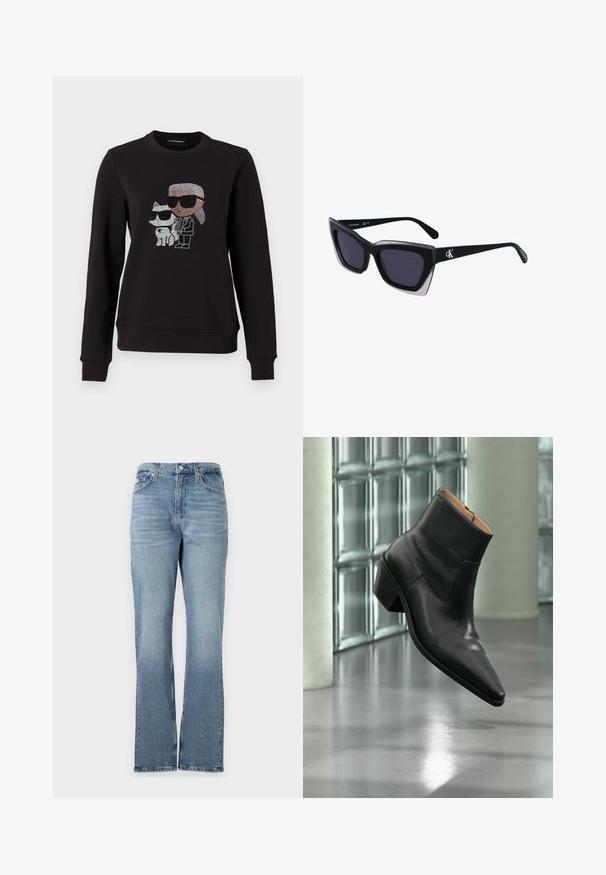 Schwarzer Sweatshirt mit einem Strassmotiv eines Charakters und einer Katze, die beide Sonnenbrillen tragen. Klassischer Rundhalsausschnitt, gerippte Bündchen und Saum.; Helle blaue Jeans aus Denim mit geradem Bein, fünf Taschen, Gürtelschlaufen und Reißverschluss. Der Stoff hat eine dezente Struktur.; Schwarzer Leder-Stiefelette mit spitzer Schuhspitze und Blockabsatz, der über einem reflektierenden grauen Boden nahe einer Glassteinwand schwebt.; Schwarze übergroße Sonnenbrille mit geometrischer Form, ausgestattet mit dunklen Gläsern und einem kontrastierenden grauen Detail im Rahmen. Logo am Bügel.
