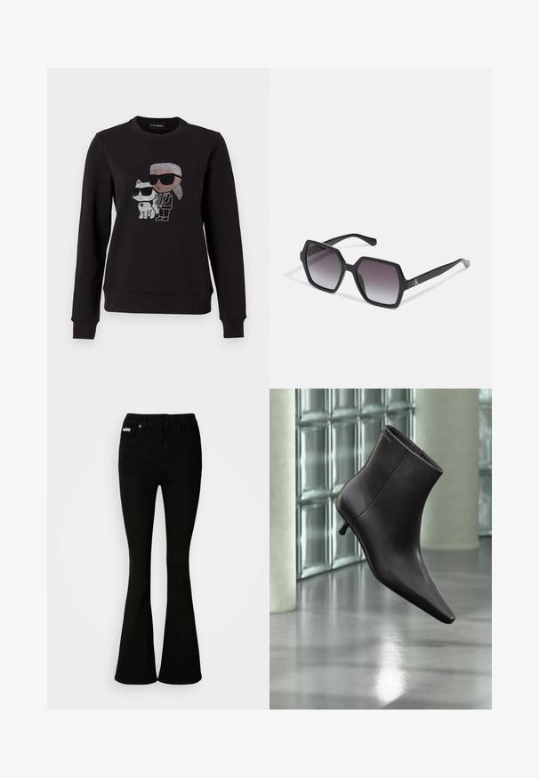 Zwarte sweatshirt met een rhinestone graphic van een karakter en een kat, beide met een zonnebril. Klassieke ronde hals, ribgebreide manchetten en onderrand.; Zwarte uitlopende jeans met een strakke taille, gemaakt van zachte denim. Bevat twee voorkruiden en een klassieke knoop- en ritssluiting.; Zwarte leren enkellaars met puntige neus en lage hak, afgebeeld tegen een glazen blokkenmuur en gepolijste vloer op de achtergrond.; Zwarte hexagonale zonnebril met graduele lenzen, voorzien van een glanzende afwerking en subtiele branding op de veer. Duurzame kunststofconstructie.