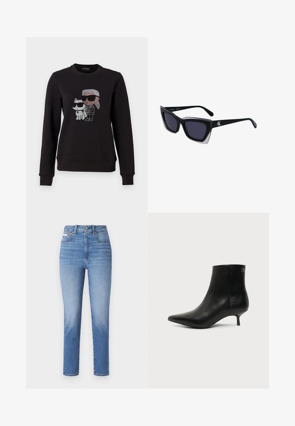 Sudadera negra con un diseño de strass de un personaje y un gato, ambos usando gafas de sol. Cuello redondo clásico, puños acanalados y dobladillo.; Jeans de denim azul claro con cintura alta, piernas rectas y desvanecidos sutiles. Presentan pasadores para cinturón, cinco bolsillos y cierre de botón metálico.; Botín de piel negra con puntera puntiaguda y tacón bajo estilo kitten sobre fondo claro, mostrando vista lateral exterior.; Gafas de sol negras de gran tamaño con una forma geométrica, que presentan lentes oscuros y un detalle gris contrastante en la montura. Logo en la pata.