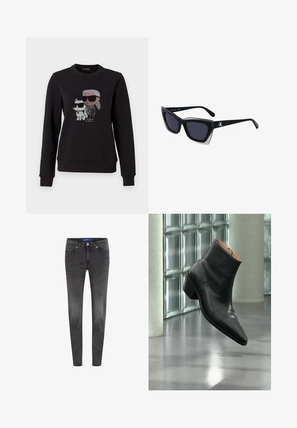 Schwarzer Sweatshirt mit einem Strassmotiv eines Charakters und einer Katze, die beide Sonnenbrillen tragen. Klassischer Rundhalsausschnitt, gerippte Bündchen und Saum.; Slim-Fit schwarze Jeans aus Denim, mit Fünf-Taschen-Stil, Knopf- und Reißverschluss, sowie leichter Ausbleichung des Stoffes.; Schwarzer Leder-Stiefelette mit spitzer Schuhspitze und Blockabsatz, der über einem reflektierenden grauen Boden nahe einer Glassteinwand schwebt.; Schwarze übergroße Sonnenbrille mit geometrischer Form, ausgestattet mit dunklen Gläsern und einem kontrastierenden grauen Detail im Rahmen. Logo am Bügel.