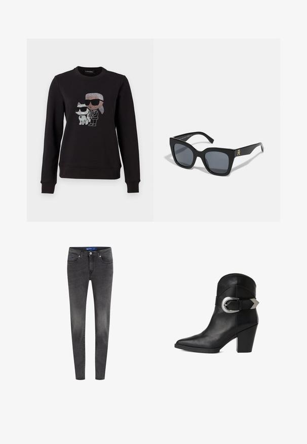 Schwarzer Sweatshirt mit einem Strassmotiv eines Charakters und einer Katze, die beide Sonnenbrillen tragen. Klassischer Rundhalsausschnitt, gerippte Bündchen und Saum.; Slim-Fit schwarze Jeans aus Denim, mit Fünf-Taschen-Stil, Knopf- und Reißverschluss, sowie leichter Ausbleichung des Stoffes.; Schwarze Leder-Stiefelette mit spitzer Zehe, klobigem Absatz und einem breiten Riemen mit einer kreisförmigen silbernen Schnalle an der Seite. Glatte Textur.; Schwarze Sonnenbrille mit einer markanten quadratischen Form, ausgestattet mit dunklen Gläsern und einem goldenen Logoakzent an einem Bügel. Hergestellt aus glänzendem Kunststoffmaterial.