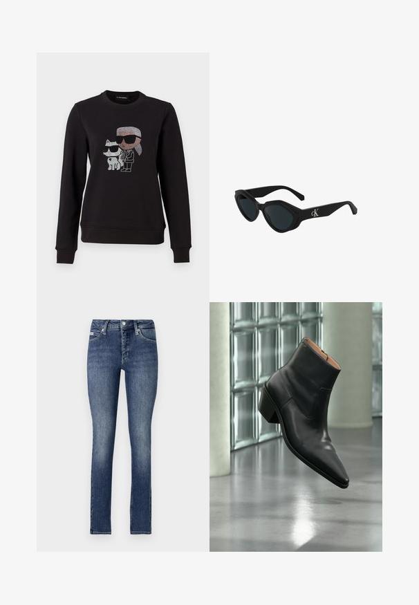 Sudadera negra con un diseño de strass de un personaje y un gato, ambos usando gafas de sol. Cuello redondo clásico, puños acanalados y dobladillo.; Jeans ajustados en denim de lavado oscuro, con una cintura de altura media, cinco bolsillos, costuras visibles y cierre de botón en la cintura.; Botín de piel negra con puntera puntiaguda y tacón cuadrado que levita sobre un suelo gris reflectante cerca de una pared de bloques de cristal.; Gafas de sol negras con forma de ojo de gato, acabado brillante, lentes oscuros y un logo "cK" en la patilla. Diseño angular y montura gruesa.