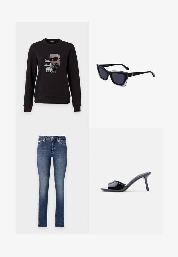 Sort sweatshirt med et rhinestone grafik af en karakter og en kat, begge iført solbriller. Klassisk crew neck, ribbede manchetter og kant.; Slanke jeans i mørk vask denim med mellemhøj talje, fem lommer, synlige sømme og knaplukning i taljen.; Sorte laklæder sandaletter med åben tå, der har et buet overdesign og en spids stilethæl. Glat, blank finish.; Store sorte oversized solbriller med geometrisk form, med mørke linser og en kontrasterende grå detalje på stellet. Logo på armen.