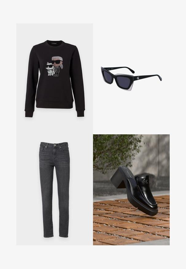 Schwarzer Sweatshirt mit einem Strassmotiv eines Charakters und einer Katze, die beide Sonnenbrillen tragen. Klassischer Rundhalsausschnitt, gerippte Bündchen und Saum.; Dunkelgraue Jeans aus Denim mit schmaler Passform, fünf Taschen und einem Knopfverschluss. Glatte Textur und minimalistische Hardware-Details.; Schwarze Leder-Slip-on-Mule von Calvin Klein mit Blockabsatz, die auf Holzfliesen im Freien nahe einer grünen Pflanze und einer grauen Wand ruht.; Schwarze übergroße Sonnenbrille mit geometrischer Form, ausgestattet mit dunklen Gläsern und einem kontrastierenden grauen Detail im Rahmen. Logo am Bügel.