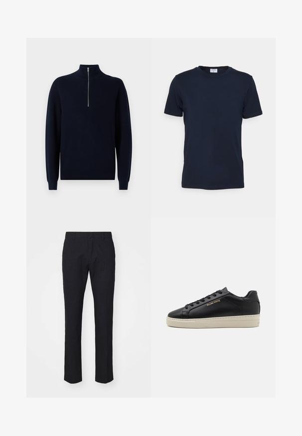 Mørkeblå strikpullover med høj krave og kvart lynlås. Ribbet tekstur på ærmer og krop, som har en afslappet pasform og standard kant.; Marineblå crew-neck t-shirt lavet af blødt stof. Korte ærmer med en klassisk pasform, der har et mærke ved halsen. Glat tekstur, minimalistisk design.; Marinebukser i skræddersyet snit, lavet af glat stof. Har flad front, bæltestropper og lige ben med en ren kant.; Sorte lædersneakers med en glat finish, kontrasterende cremefarvet sål, rund tå, guld logo på siden og seks huller til snørebånd.