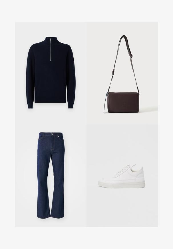 Mørkeblå strikpullover med høj krave og kvart lynlås. Ribbet tekstur på ærmer og krop, som har en afslappet pasform og standard kant.; Flarvede mørkeblå jeans lavet af denim. Har fem lommer, en front lynlås og en metalknaplukning. Klassiske syninger som detaljer.; Hvid lædersneaker med rundet tå, flad sål og snørebånd foran. Har syningsdetaljer og polstret krave for komfort.; Mørkebrun textured læder crossbody taske med justerbar rem og lille dekorativ blå accent på siden.