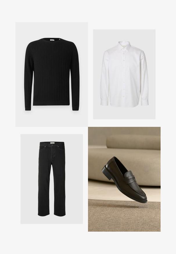 Sort kabelstrikket sweater med lange ærmer og rund halsudskæring. Har et struktureret mønster samt ribbede mansjetter og nederkant.; Hvid langærmet skjorte lavet af bomuld, med klassisk krave, knapper foran og knapper ved manchetterne. Glat tekstur uden synlige mønstre.; Sorte denim straight-leg jeans har et klassisk fem-lomme design med knaplukning, minimal syning og en blød tekstur.; Sort læder loafer sko, der hviler på et beige tæppe med en buet beige sofa i baggrunden.