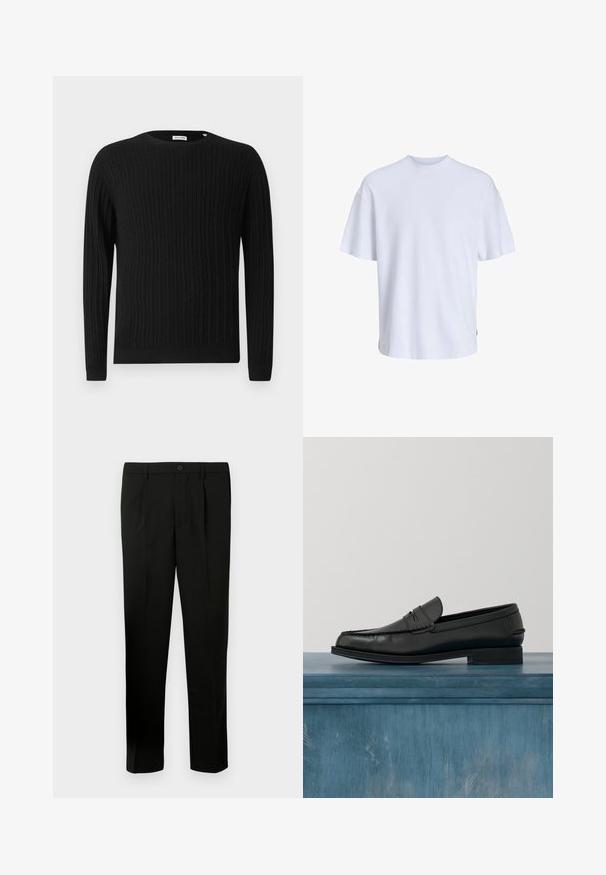 Sort kabelstrikket sweater med lange ærmer og rund halsudskæring. Har et struktureret mønster samt ribbede mansjetter og nederkant.; Hvid bomulds t-shirt med rund halsudskæring og korte ærmer. Har en løs pasform og glat tekstur, uden synlige mønstre eller detaljer.; Sorte skræddersyede bukser med flad forkant, to læg, knaplukning, sidelommer og lige ben. Fremstillet af et glat stof.; Sorte læderloafers med et slankt design, der har syning ved tåen og en glat finish. Skoen har en lav hæl og minimal udsmykning.