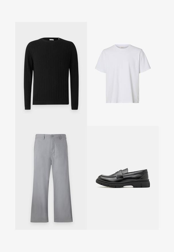 Sort kabelstrikket sweater med lange ærmer og rund halsudskæring. Har et struktureret mønster samt ribbede mansjetter og nederkant.; Enkelt hvid kortærmet T-shirt med rund hals, almindelig pasform og glat stofstruktur, vist på en hvid baggrund.; Grå brede bukser lavet af blødt stof, med knaplukning foran, bæltestropper og et enkelt design uden synlige mønstre eller accenter.; Sort læder loafersko med en bred rem over forfoden, gummisål med tykke mønstre og glat overflade. Klassisk, slankt design.