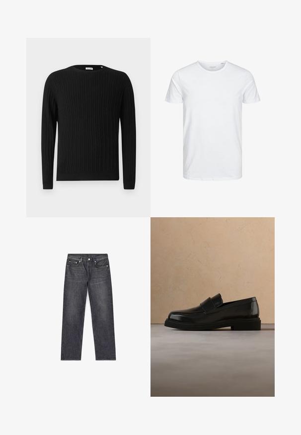 Sort kabelstrikket sweater med lange ærmer og rund halsudskæring. Har et struktureret mønster samt ribbede mansjetter og nederkant.; Rundhals kortærmet t-shirt i ensfarvet hvid, lavet af blød bomuld, har et simpelt design uden synlige mønstre eller detaljer.; Mørkegrå denimjeans med lige ben, fem lommer, øverste knap og subtil udtoning på lårene. Ren design, uden pynt.; Sort læderloafer svæver over et beige tekstureret tæppe, med et rundt træ-sofabord og bøger i baggrunden.