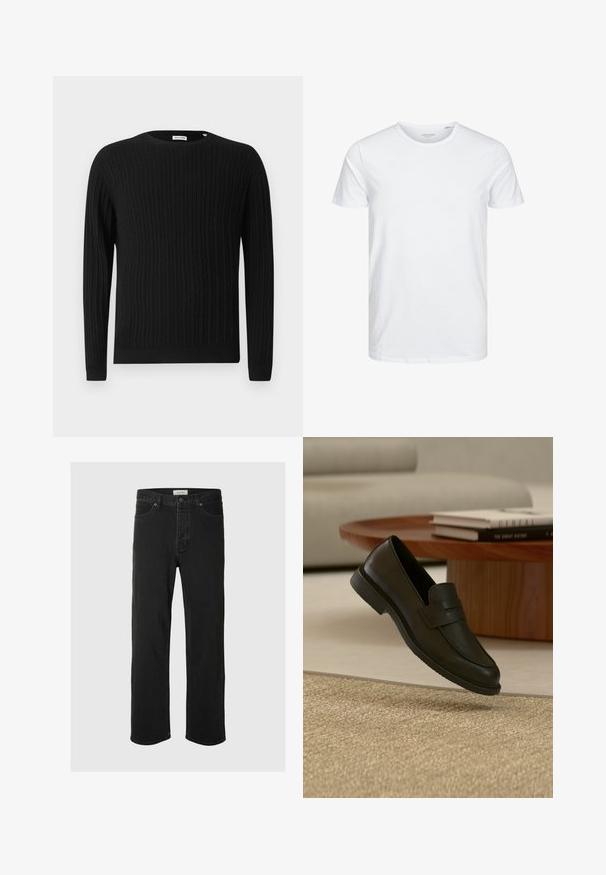 Sort kabelstrikket sweater med lange ærmer og rund halsudskæring. Har et struktureret mønster samt ribbede mansjetter og nederkant.; Rundhals kortærmet t-shirt i ensfarvet hvid, lavet af blød bomuld, har et simpelt design uden synlige mønstre eller detaljer.; Sorte denim straight-leg jeans har et klassisk fem-lomme design med knaplukning, minimal syning og en blød tekstur.; Sort læderloafer vist i luften over en beige vævet tæppe, med et træbord og stablede bøger i et blødt oplyst stue.