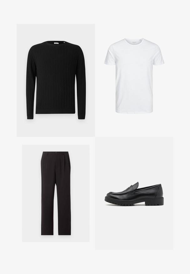 Pull en maille noire avec des manches longues et un col rond. Présente un motif texturé ainsi que des poignets et un ourlet côtelés.; T-shirt à col rond à manches courtes de couleur blanche unie, fabriqué en coton doux, avec un design simple sans motifs ni accents visibles.; Pier One by Zalando STRAIGHT LEG FORMAL - Pantalon classique - black; Mocassins en cuir noir avec un bout arrondi, un design à enfiler et une semelle en caoutchouc épaisse avec une texture antidérapante. Talon surélevé et détails de surpiqûre subtils.