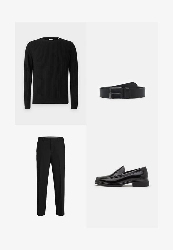 Pull en maille noire avec des manches longues et un col rond. Présente un motif texturé ainsi que des poignets et un ourlet côtelés.; Pantalons noirs en tissu lisse, présentant une coupe droite, des passants de ceinture et un devant plat sans motifs ni embellissements visibles.; Mocassins en cuir noir avec un embout arrondi, présentant un détail cousu sur le dessus, et un petit talon carré. Texture lisse et finition brillante.; Ceinture en cuir noir avec une texture lisse, dotée d'une boucle en métal argenté et d'un design classique. Longueur ajustable, style minimaliste.