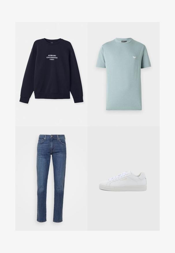 Tumma sininen collegetakki pitkillä hihoilla, pyöreällä kaula-aukolla ja ribatulla hihansuulla. Edessä valkoinen "ARMANI EXCHANGE 1991" -logo.; Vaaleansininen lyhythihainen t-paita, joka on valmistettu puuvillasta. T-paidassa on pyöreä pääntie ja pieni brodeerattu logo vasemmassa rintamuksessa.; Citizens of Humanity LONDON - Slim fit -farkut - seville bright dark indigo; Valkoiset nahkaiset matalat lenkkarit, joissa pyöreä kärki, tasaiset nauhat, kuvioitu pohja ja hillitty kultainen logo sivussa. Sileä pinta ja minimalistinen muotoilu.