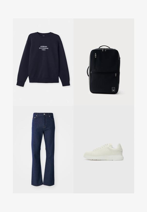 Marineblå sweatshirt med lange ærmer, rund hals og ribbede manchetter. Har hvidt "ARMANI EXCHANGE 1991" logo trykt på forsiden.; Flarvede mørkeblå jeans lavet af denim. Har fem lommer, en front lynlås og en metalknaplukning. Klassiske syninger som detaljer.; Hvide lædersneakers med struktureret overdel, rund tå, flad hvid sål og tonede snørebånd. Subtil branding på tungen.; Sort rektangulær rygsæk med lodrette lynlåslommer, topgreb, sidegreb og lille logopatch i nederste højre hjørne.
