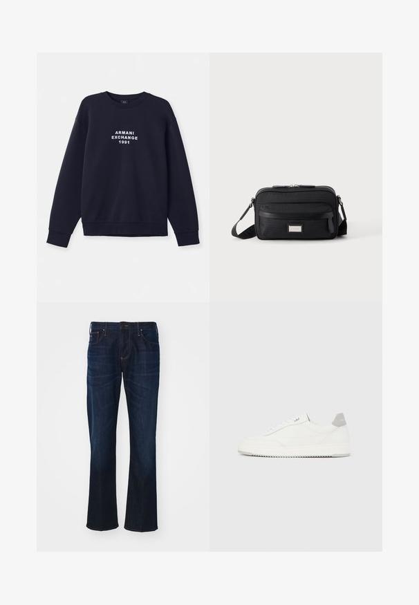 Marineblå sweatshirt med lange ærmer, rund hals og ribbede manchetter. Har hvidt "ARMANI EXCHANGE 1991" logo trykt på forsiden.; Mørkeblå denimjeans med lige pasform, fem-lomme design og markante syninger. Stoffet har en glat tekstur.; Hvid lavtop-sneaker med gråt hælflig, hvide snørebånd og tekstureret sål, vist på en ensfarvet lys baggrund.; Sort rektangulær crossbody-taske med front lynlåslomme, justerbar rem og sølv rektangulært logo mærke på ensfarvet baggrund.