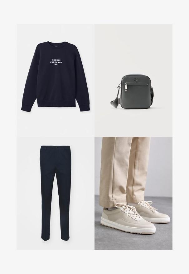 Tumma sininen collegetakki pitkillä hihoilla, pyöreällä kaula-aukolla ja ribatulla hihansuulla. Edessä valkoinen "ARMANI EXCHANGE 1991" -logo.; Merinos hameet, joissa on suora leikkaus, nappikiinnitys ja etuiperspaaja, antavat hienostuneen ilmeen.; Beige tennarit, joissa on teksturoitu päällinen, valkoiset pohjat ja tikatut yksityiskohdat, yhdistettynä beigeihin housuihin, esillä harmaalla pinnalla.; Tiivis musta BOSS-laukku olkahihnalla, jossa on etutasku vetoketjulla, säädettävä hihna ja teksturoitu nahkapinta valkoista taustaa vasten.