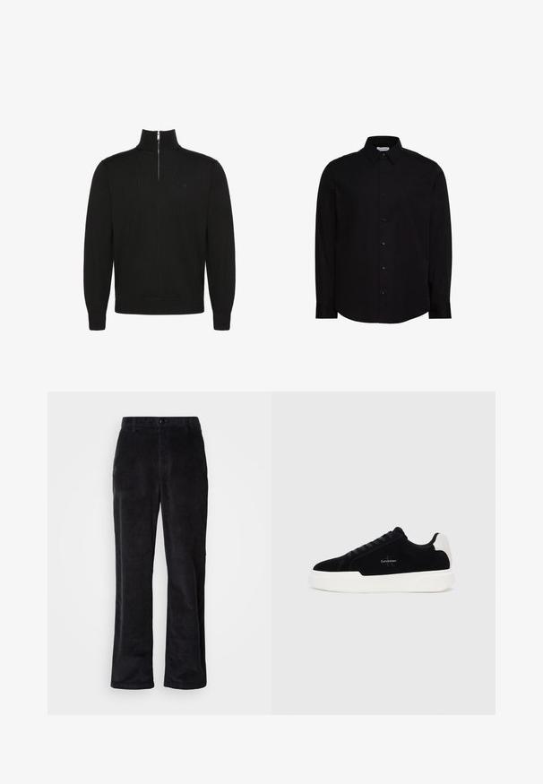 Pull noir à manches longues avec fermeture éclair sur le devant jusqu'à mi-hauteur, poignets et bas côtelés, avec un petit logo discret sur la poitrine.; Chemise noire à manches longues avec boutons, fabriquée en tissu lisse. Elle présente un col classique, une patte de boutonnage à l'avant, et un petit logo sur la poitrine.; Pantalon en velours côtelé noir foncé avec une coupe droite, doté d'une fermeture à boutons, de passants pour ceinture et de poches latérales pour un port fonctionnel.; Baskets basses noires avec semelle et talon blanc, lacets à l'avant et logo Calvin Klein sur le côté.