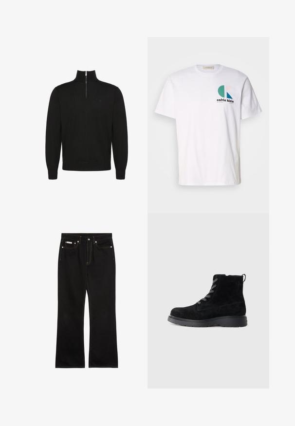 Pull noir à manches longues avec fermeture éclair sur le devant jusqu'à mi-hauteur, poignets et bas côtelés, avec un petit logo discret sur la poitrine.; T-shirt en coton blanc avec un design graphique multicolore comportant des formes circulaires et le logo "Calvin Klein" à l'avant. Manches courtes, col rond.; Jean noir droit avec coutures orange, cinq poches, fermeture par bouton, et une petite étiquette Calvin Klein sur la poche avant droite.; Bottes chevilles en suède noir avec une surface texturée, bout arrondi, lacets gris et une semelle noire robuste. Elles disposent d'une petite languette à l'arrière.