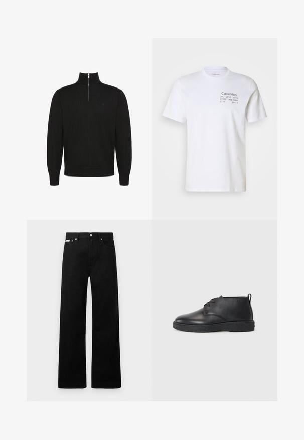 Jersey negro de manga larga con cremallera a medio frente y puños y bajo de canalé, con un pequeño logo sutil en el pecho.; Camiseta de algodón blanca con mangas cortas, cuello redondo y texto impreso: "Calvin Klein 205 WEST 39TH STREET NEW YORK CITY 10018."; Pantalones de mezclilla negros con un diseño de pierna ancha, que cuentan con cinco bolsillos y herrajes de botón metálico. Textura suave, sin patrones visibles.; Botas de tobillo de cuero negro con textura suave, punta redondeada y suela de goma negra. Cuentan con un diseño de cordones y un tirador en el talón para facilitar su uso.