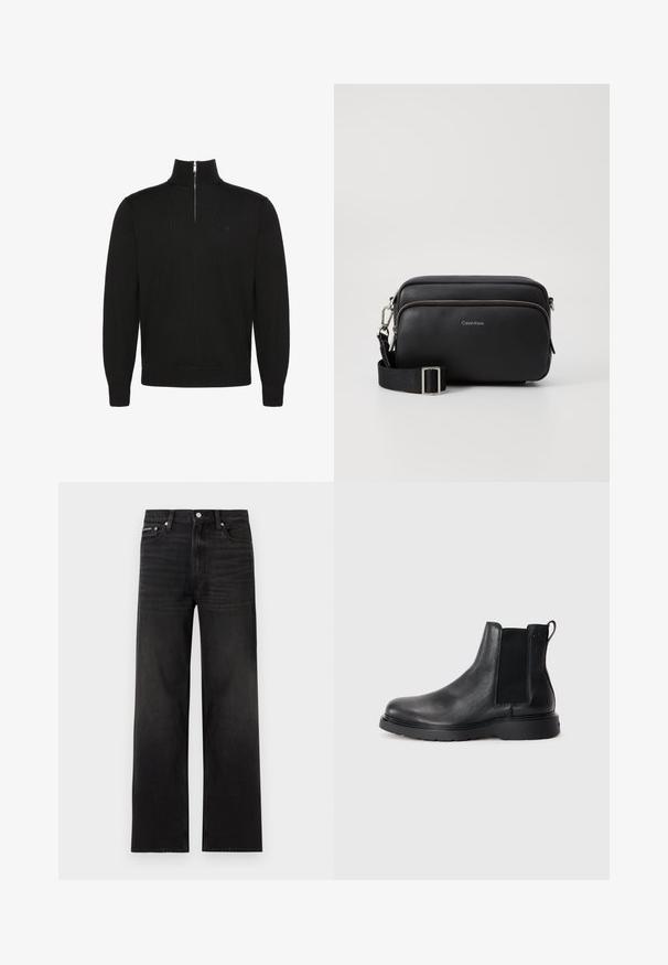 Sort langærmet pullovertrøje med halv lynlås foran og ribstrikkede manchetter og kant, med et lille diskret logo på brystet.; Sorte jeans med lige ben, fem-lomme design, bæltestropper og knaplukning, vist på en hvid baggrund.; Sorte læder chelsea støvler med tekstureret finish, elastiske sidepaneler og en robust gummisål. Subtil branding på hælen.; Sort læder crossbody taske med to lynlåslommer, struktureret overflade, justerbar rem og sølvhardware detaljer. Calvin Klein-logoet er vist.