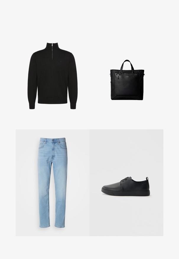 Sort langærmet pullovertrøje med halv lynlås foran og ribstrikkede manchetter og kant, med et lille diskret logo på brystet.; Lys blå denim jeans med lige pasform, fem lommer og bæltestropper. Stoffet har en glat overflade med en let falmningseffekt.; Sorte lædersneakers med en glat finish, rund tå, tonalt syning, snøring foran og en flad gummisål. Løkke ved hælen.; Sort taske med dobbelte håndtag, stor læderlomme foran med lynlås og diskret Calvin Klein-logo midt på lommen.